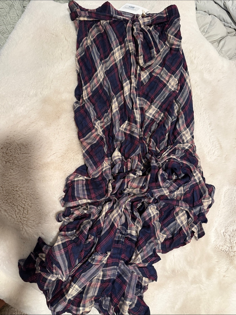Elan Navy, Burgundy & Cream Plaid Ruffle Maxi Skirt